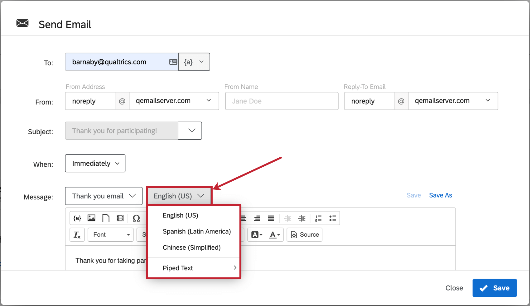 Dropdown-Feld neben Nachricht erweitert, um Optionen für Übersetzungen und dynamischen Text zu zeigen