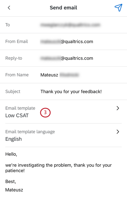 In einer Follow-up in der xm befindet sich das Feld für die E-Mail-Vorlage unter der Betreffzeile der Nachricht.