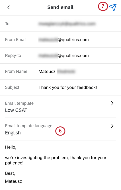 Die Sprache der E-Mail-Vorlage wird direkt unter dem E-Mail-Vorlagenfeld angezeigt; die Drucktaste zum Senden befindet sich oben rechts im Bild.