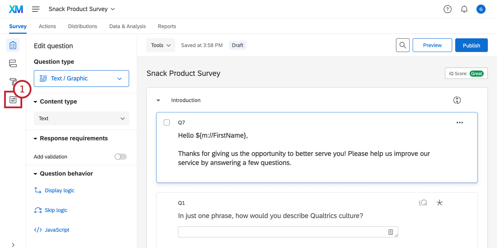 Navigating to the survey options from the survey editor page