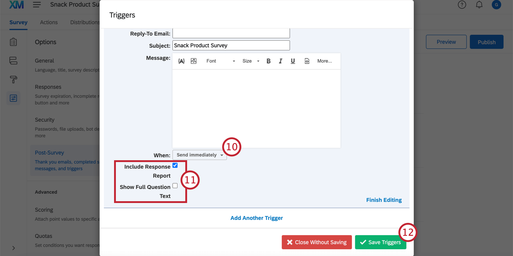Additional options at the bottom of the email trigger
