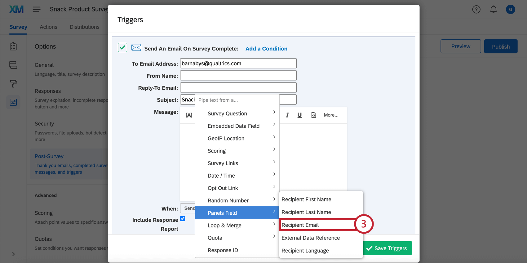 In the piped text menu, selecting an email from a panels field