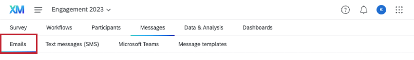 screenshot only shows navigation bars horizontal along the top of a project. under messages, emails tab is selected and highlighted