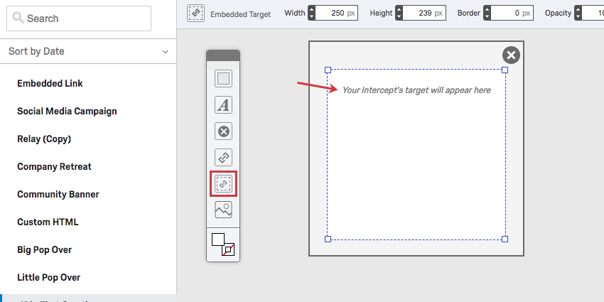 ツールバーの埋め込みターゲットアイコン、点線枠のリンク、Your Intercepts targetと書かれた要素がここに表示されます。