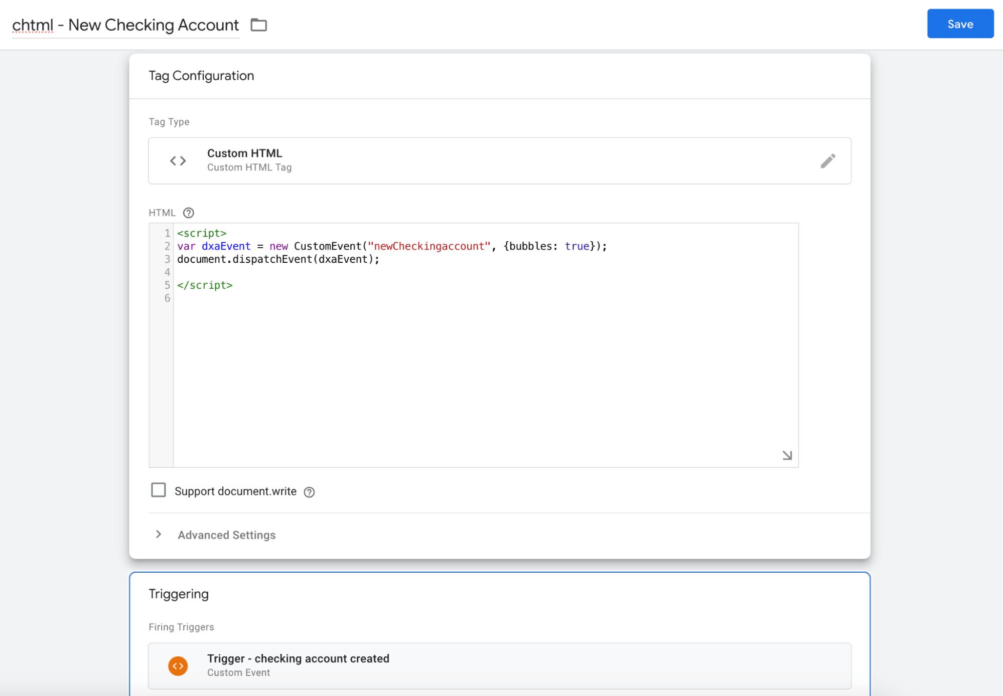 Dies ist ein Screenshot der Manager:in. Die Schnittstelle ist in zwei Abschnitte unterteilt: den Abschnitt für die Tag-Konfiguration und den auslösenden Abschnitt. Der Abschnitt für die Tag-Konfiguration enthält ein Textfeld, in das Sie den HTML für Ihr Tag eingeben können. Der auslösende Abschnitt enthält eine Liste von Triggern, die zum Auslösen Ihres Tags verwendet werden können. In diesem Fall wird der Auslöser ausgelöst, wenn das Ereignis zum Anlegen des Benutzerkonto eintritt.