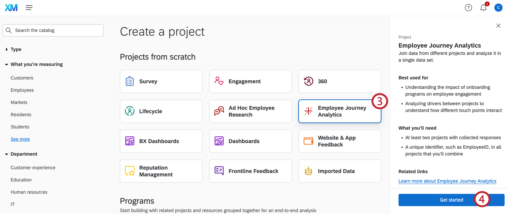 selecting an Employee Journey Analytics project from the projects page