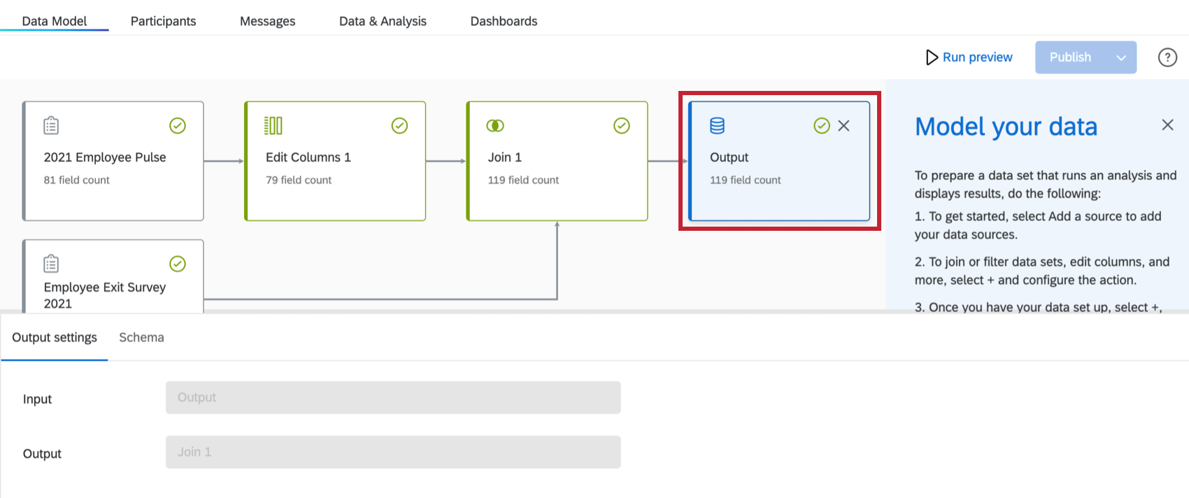 Seleccionar el conjunto de datos de salida en el modelo de datos