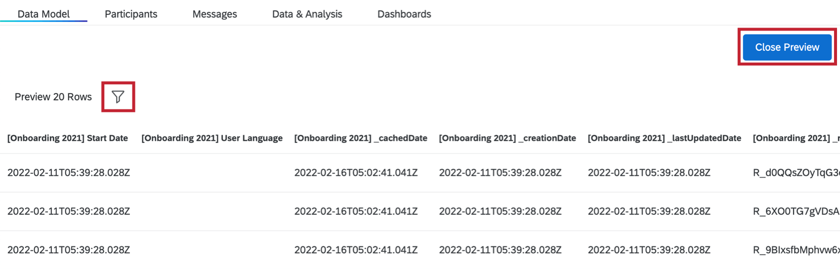 Ver una vista previa de su conjunto de datos de salida