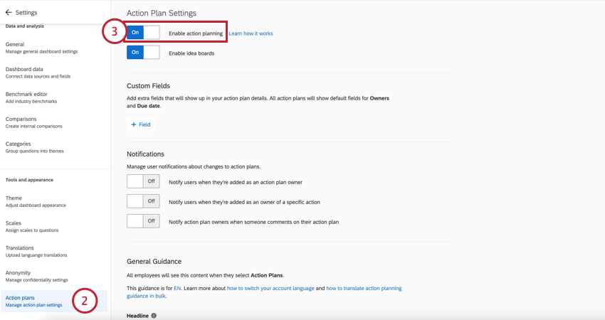 enabling action plans in the dashboard