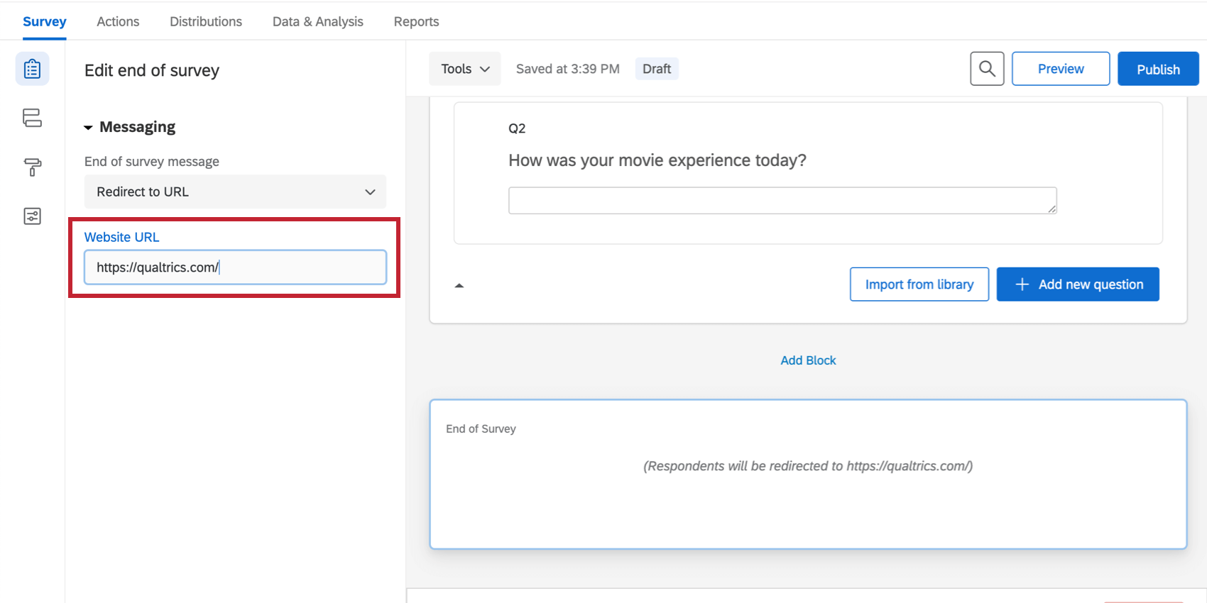 ［URLにリダイレクト］が選択され、URLを貼り付けるフィールドを編集ペインの左に表示中