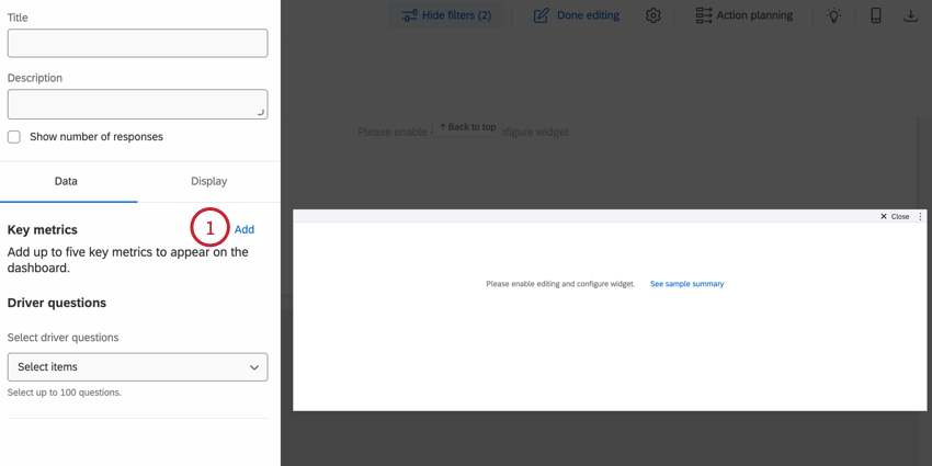clicking add in the key metrics section of widget settings