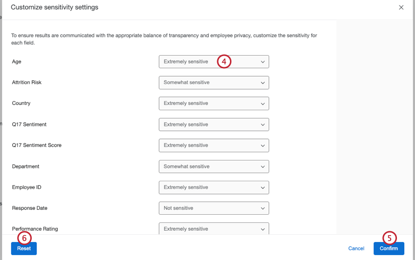 dropdowns next to each field to customize field level settings