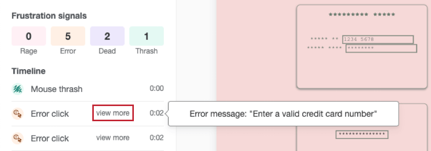 specific error message that is displayed when hovering over an error click in the timeline
