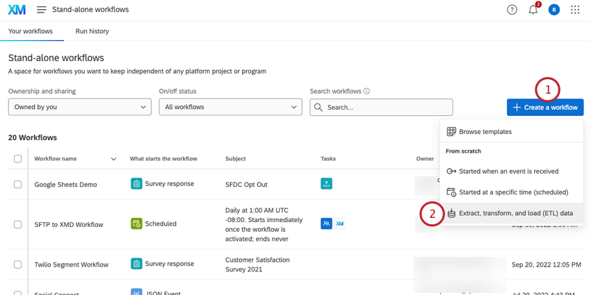clicking create a workflow and choosing etl