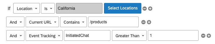 The condition says that if the location is California, the Current URL has products in it, and if Event Tracking InitiatedChat is Greater Than 1, the Creative will display.