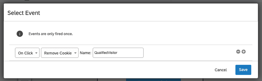 選択されたイベント」ウィンドウによると、「QualifiedVisitor」という名前のクッキーはクリック時に削除されます。