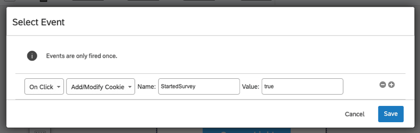イベントは、クリック時にクッキー StartSurvey が追加または変更されるように設定されます。