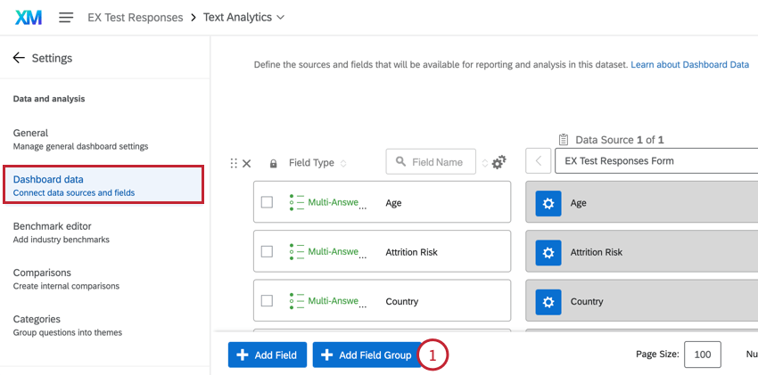 clicking add field group at the bottom of the dashboard data tab