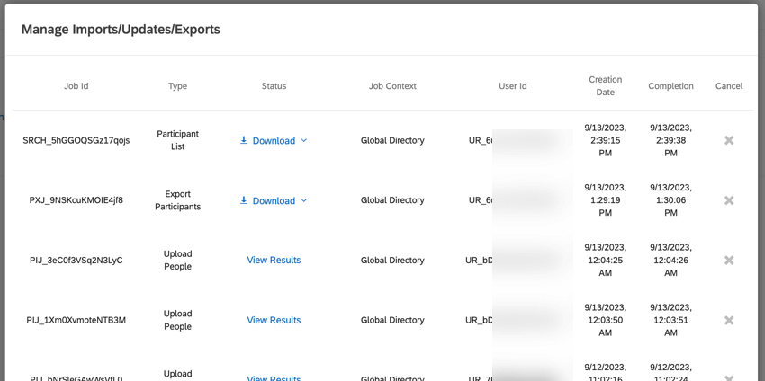 La ventana para administrar importaciones/actualizaciones/exportaciones anteriores
