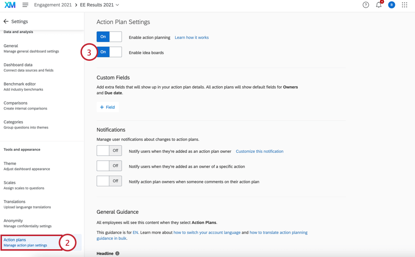 アクションプラン設定におけるアイデアボードの有効化
