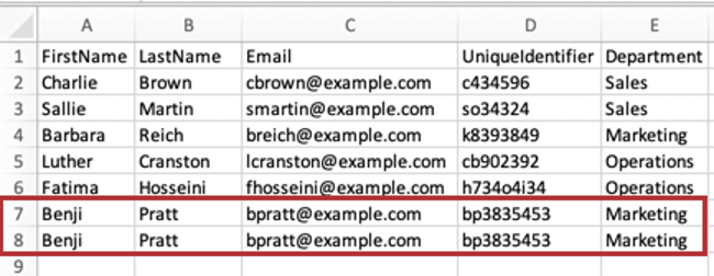 CSV mit Teilnehmern, die hochgeladen wurde und die Fehler verursacht hat