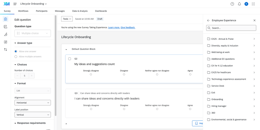 image of a lifecycle project being edited; by importing questions, a panel opens with a library of topics available