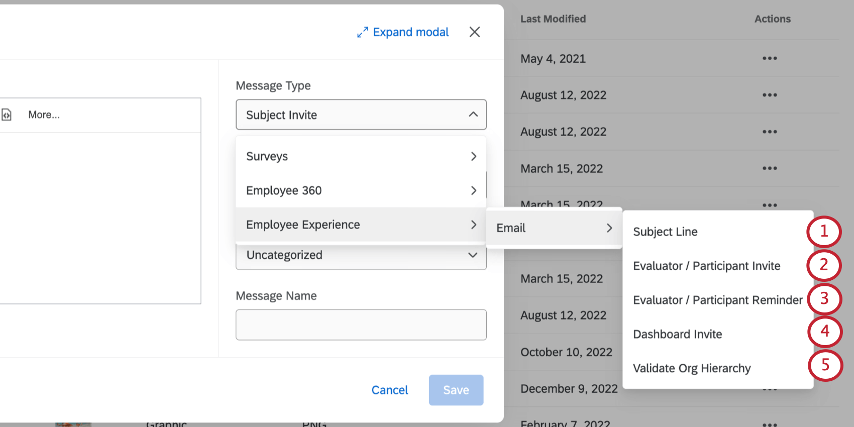 Various message types available for Employee Experience projects