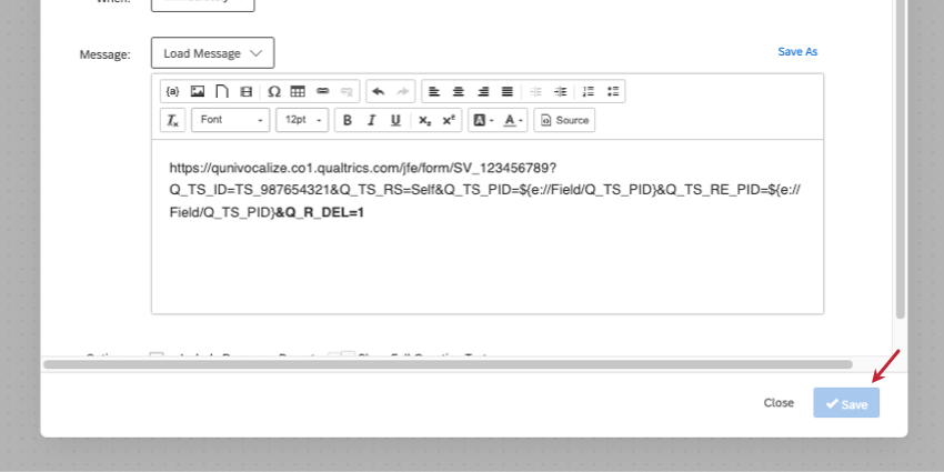 lURL terminée dans une tâche e-mail. Le bouton denregistrement se trouve en bas à droite