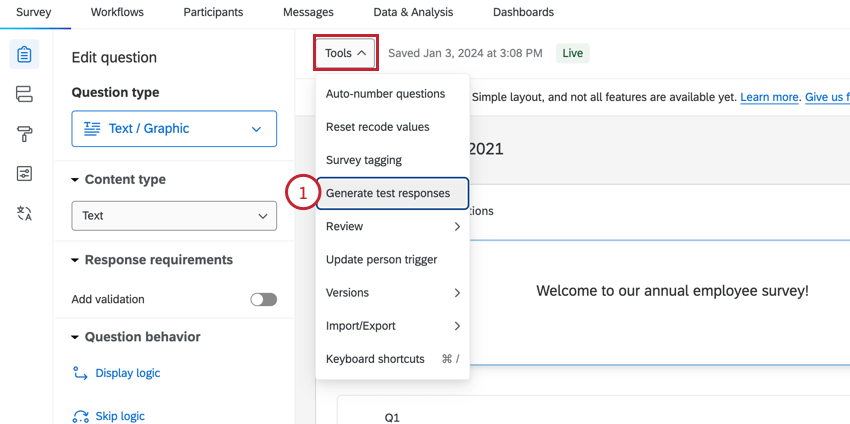 selecionando gerar respostas de teste no menu Ferramentas