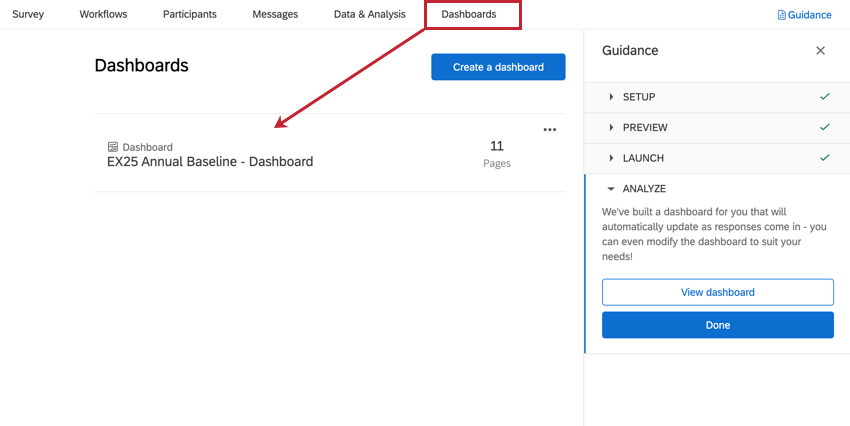 navigating to the dashboards tab in the program