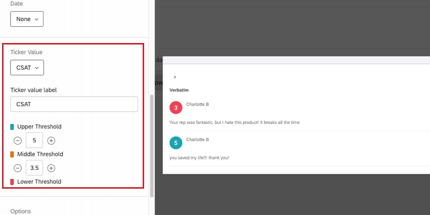 Ticker Value and thresholds highlighted in widget editing pane