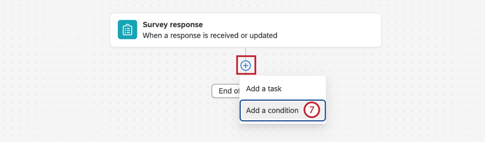Image of action with a survey repsonse event in it. Below the event, the plus sign is clicked, revealing an option for "Add a condition"