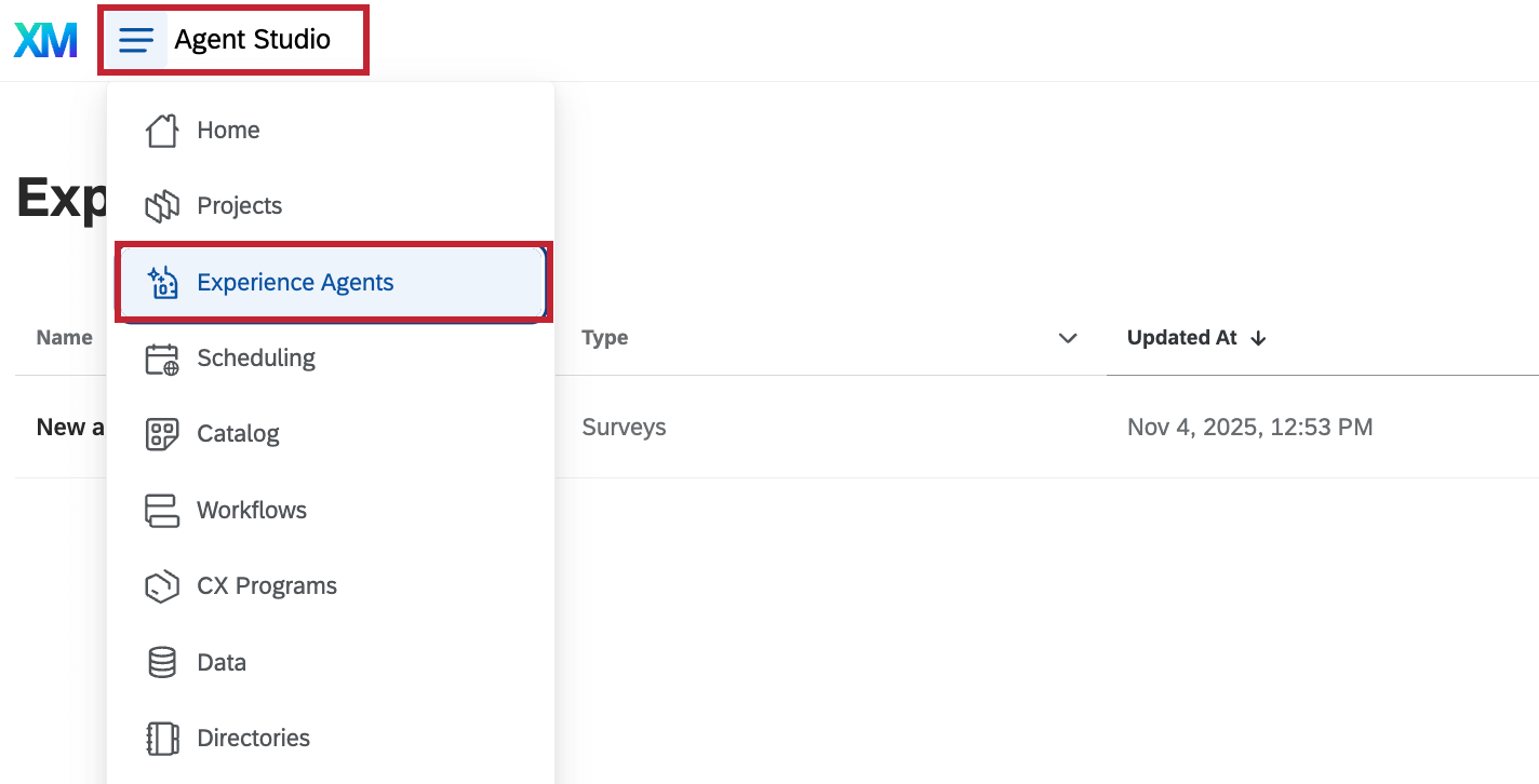 agent studio within the global navigation menu