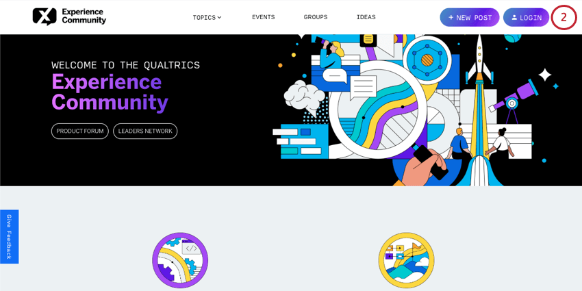 experience community homepage. login button in topmost banner