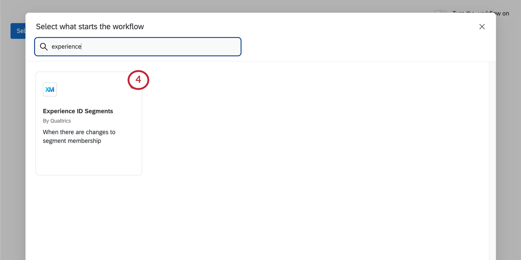 Experience wird in die Suchleiste eingegeben, und die Option Experience ID Segments wird hervorgehoben.