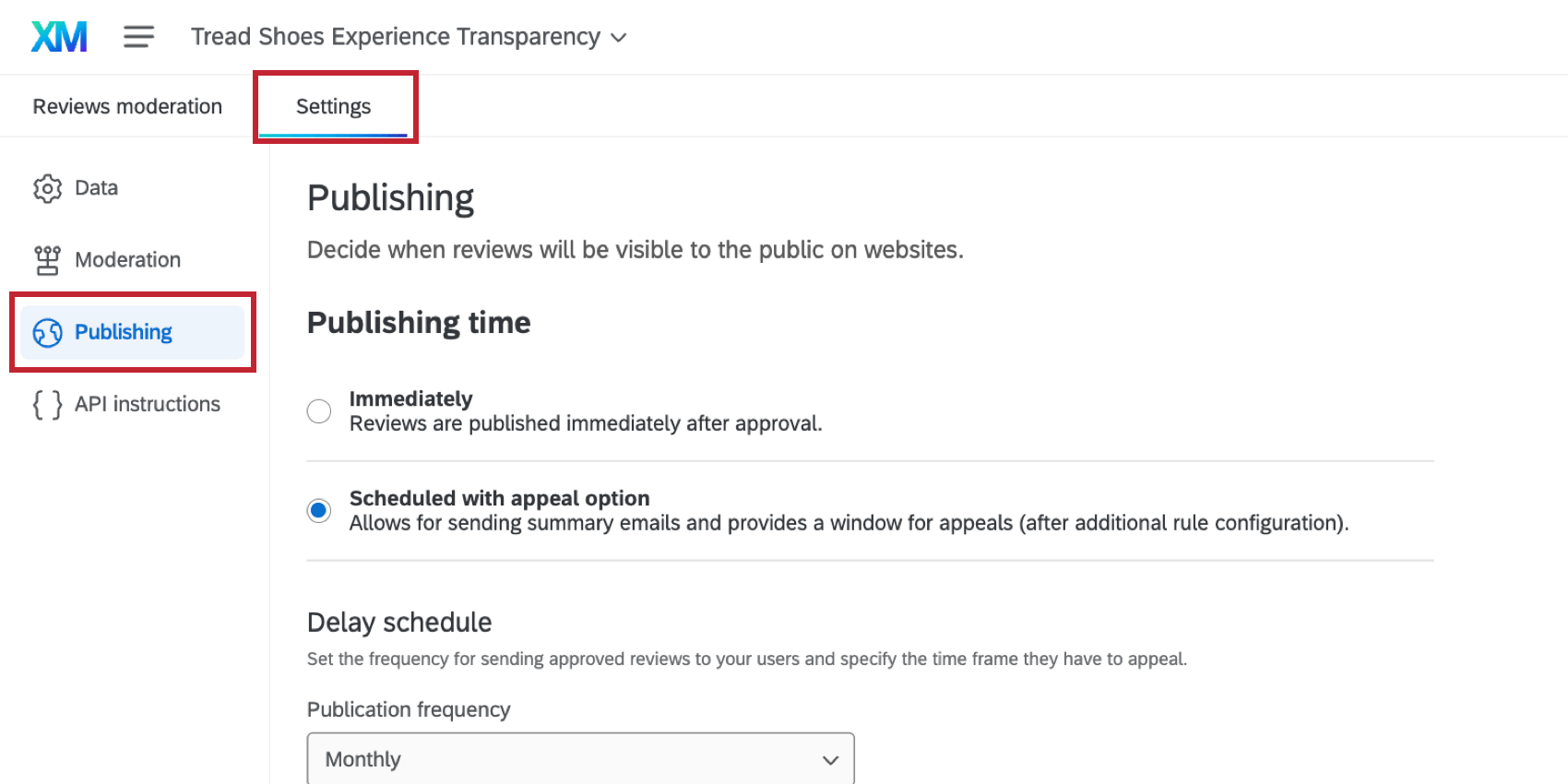 the Publishing section of the project settings