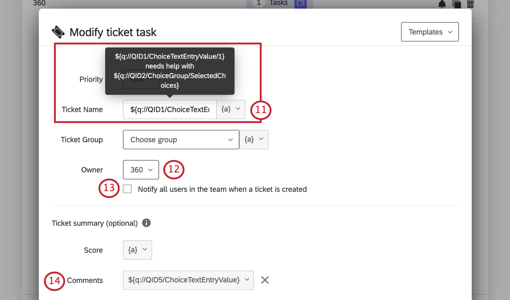 Naming a ticket at the top, choosing the team, and towards the bottom selecting the comments