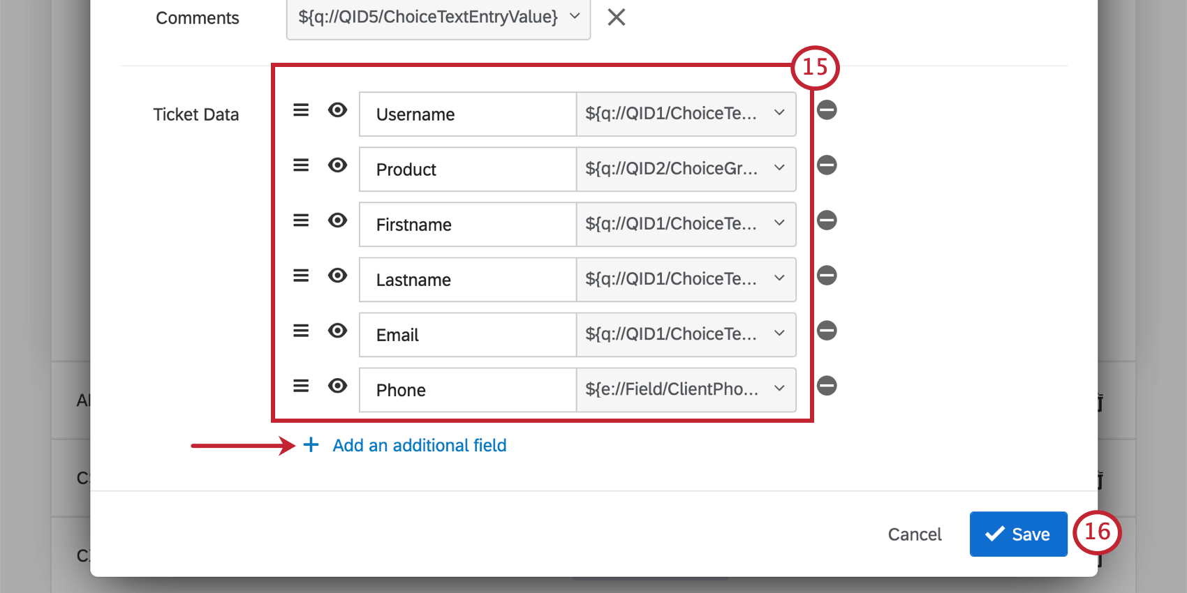 Huge list of ticket data. They all match the forms in the text entry form you made earlier: name, email address, username, and phone