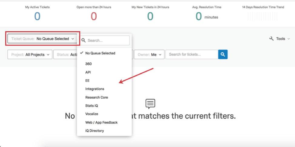 Die Dropdown-Liste Ticket oben links enthält eine Liste aller Warteschlangen, die Sie angelegt haben.