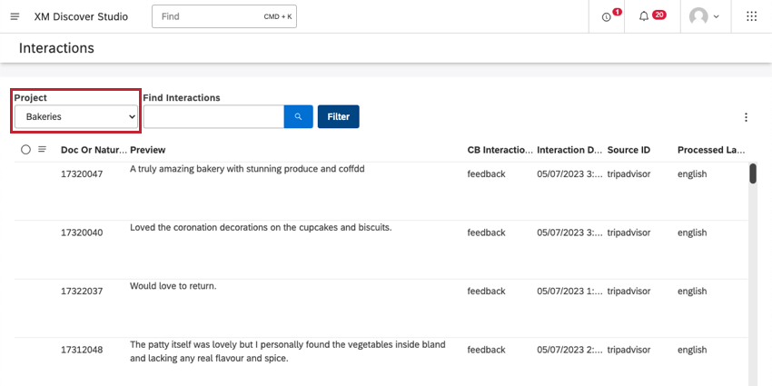 project drop-down at top-left of Interactions page