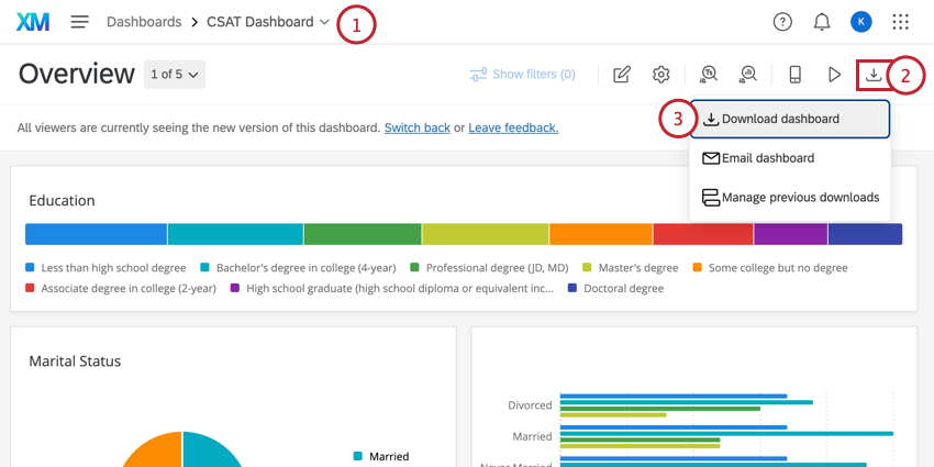 clicking the export button on a dashboard and selecting download dashboard