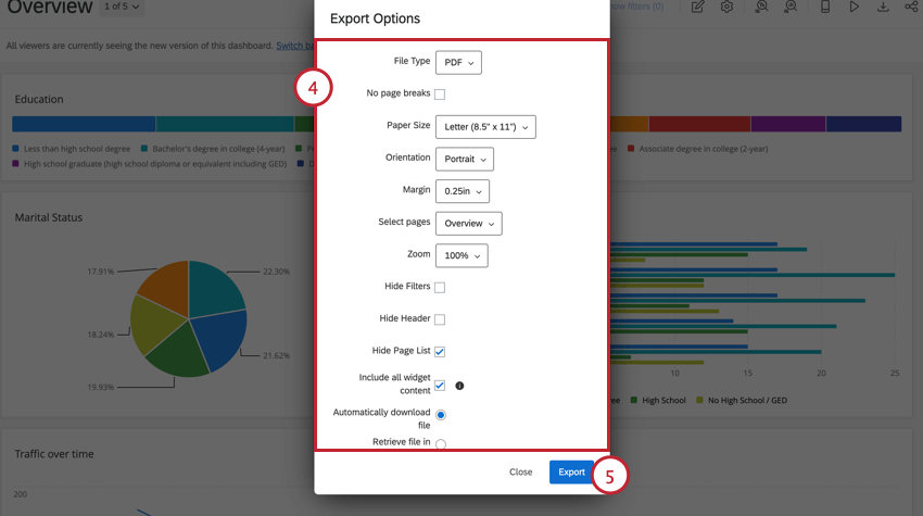 choosing export options and exporting the dashboard