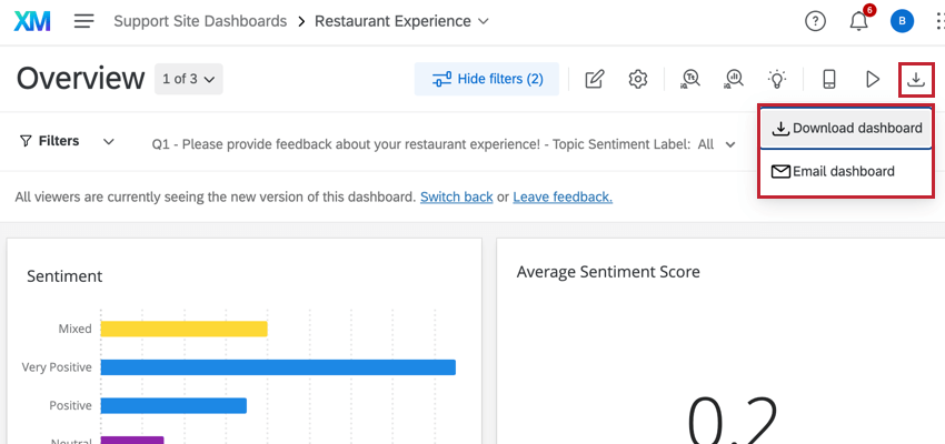 the export button at the top of the dashboard