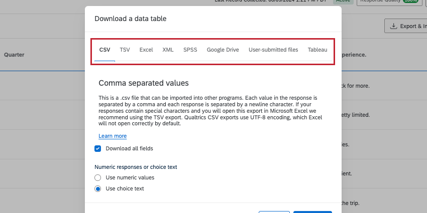 Oben im Fenster der Datentabelle befindet sich eine Liste der Dateiformate: CSV, TSV, Excel, XML, SPSS, Google Drive, vom Benutzer übermittelte Dateien und Tableau.