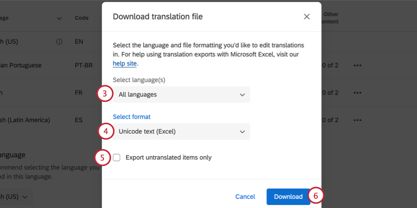 elegir los idiomas a exportar