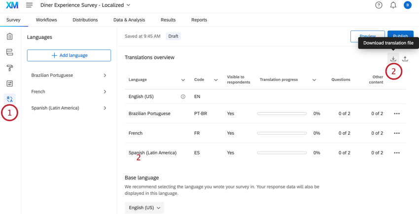 clic sur le bouton Exporter les traductions