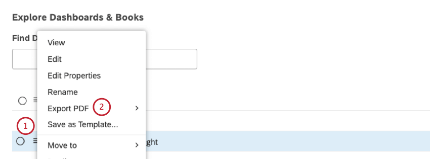 When in the Dashboard Explorer, expand the actions menu next to a particular dashboard. Select Export PDF.