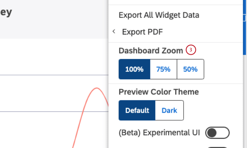Click 100%, 75%, or 50% to select the zoom level in the Dashboard Zoom section.