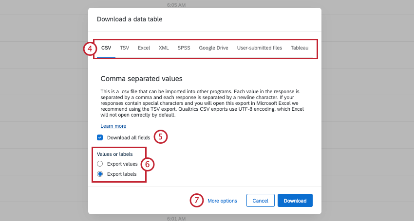 Download Data Table menu with format options and the Download button