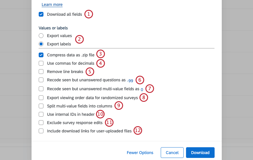verfügbare Optionen beim Exportieren von Daten